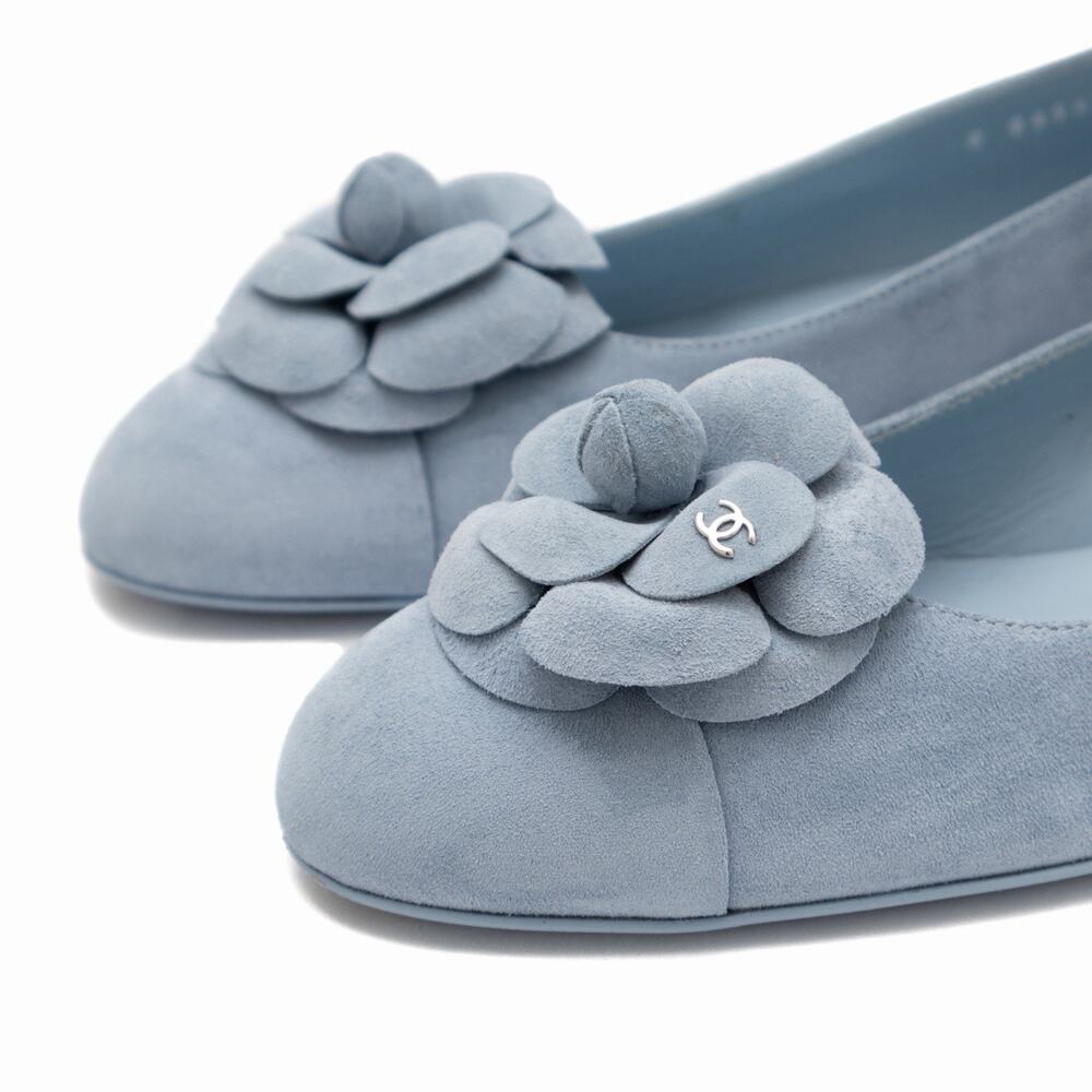 CHANEL 24P Suede Interlocking CC Camellia Cap Ballet Flats Blue Size 39 US 9 - Picture 12 of 16